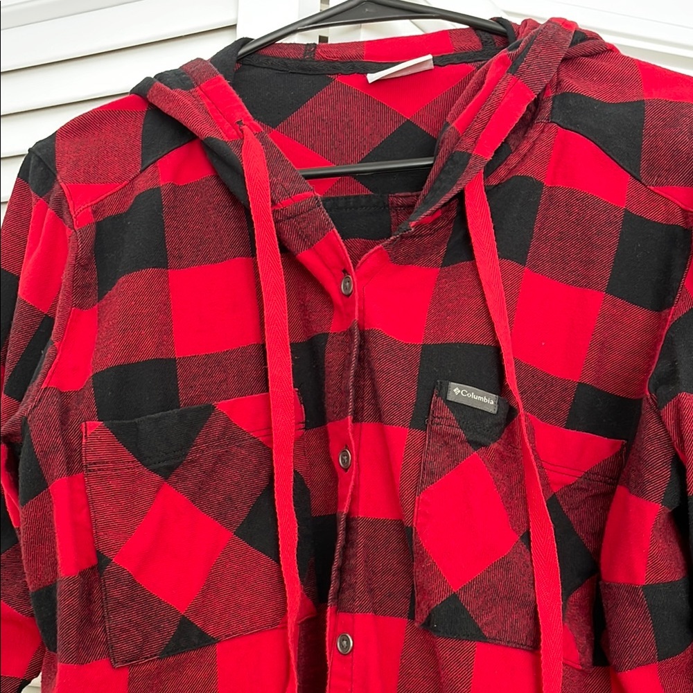 Columbia Women's Red and Black Plaid Shirt
